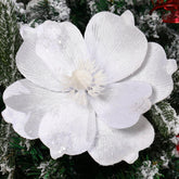 10’’ Large Glitter Christmas Flowers 6 Pcs Artificial Magnolia Flower Velvet Fold Christmas Tree Flower Decorations Xmas Tree New Year Party Wedding Ornaments (White)
