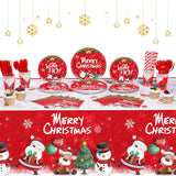 194 Pcs Christmas Party Tableware Set Cute Santa And Snowman Theme Party Supplies Merry Christmas Tablecloth Plates Napkins Pack For Xmas Holiday Dinner Decoration, Serves 24