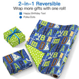 Reversible Boys Birthday Wrapping Paper Roll, Mini Roll, Blue Happy Birthday Letters And Green Polka Dot Design Gift Wrap Paper For Kids Boys, Holiday 17 Inches X 16.4 Feet