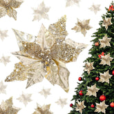12 Pcs 9 Inch Artificial Christmas Poinsettias For Decoration Champagne Poinsettias With Clip Glitter Flower Christmas Tree For Xmas Tree Home Vase Wedding Holiday Garland Decor