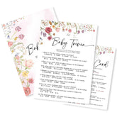 Floral Fill In Baby Shower Game Cards - Baby Trivia Game For Boys & Girls - Watercolor Flowers Baby Announcement Gender Reveal Baby Shower Party Activities For New Parents To Be - B11