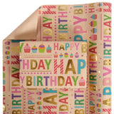 Colorful Birthday Wrapping Paper Roll - 17 Inch X 32.8 Feet - Gold Foil Happy Birthday Lettering & Cupcake Design Gift Wrap For Kids, Baby Showers