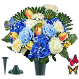 Artificial Cemetery Flowers For Grave,Memorial Flowers Bouquet With Vase For Headstones Decoration,Blue Rose Tulip Hydrangea