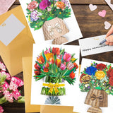 Mothers Day Card For Women Mom Wife Daughter - Paper Pop Up Flower Card, 3Pack Rose, Carnation & Tulip Flower Bouquet 3D Popup Set With Note & Envelope