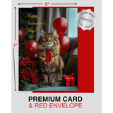 Maine Coon Cat Valentines Day Greeting Card – Premium 5X7 Inch Blank Card For Personalized Messages – Elegant Cat Design With Red Roses, Balloons, And Gift Box – Includes Red Envelope