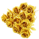 12Pcs Artificial Gold Roses Flowers,Single Fake Silk Rose Flower With Short Stem Suitable For Family Wedding Party Decoration