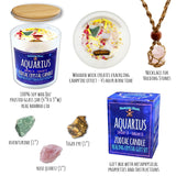 Aquarius Zodiac Candle Gift Box Set With 3 Healing Crystals & Stone Holder Necklace, 100% Soy Scented Wax, Crackling Wood Wick, 45 Hour Burn Time