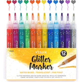 Glitter Markers, Metallic Sparkling Pens, Art Drawing Pens - Water Base, 12 Colors, Washable For Christmas Card Making, Medium Tip,70429