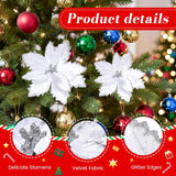 24 Pcs Christmas Glitter Poinsettia Flowers Decorations 5.91 Inch 3.94 Inch Artificial Velvet Poinsettia With Clips, Poinsettia Christmas Tree Ornaments For Xmas Party Decor(White)