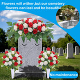 Headstone Flower Saddle,Cemetery Memorial Flowers With Vase For Grave Tombstone Decorations,Artificial Rose Bouquet Grave Memorial Day Flowers For Cemetery (Red White)