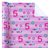 5Th Birthday Wrapping Paper - Mini Roll - 17 Inch X 9.8 Feet - Pink Floral And Happy Birthday Wrapping Paper For Girls, Baby Shower, Party, Holiday