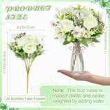 36 Pack Artificial Mini Rose Flowers With Vase Bulk, 24 Bundles Silk Rose Flower Artificial Bouquet 12 Plastic Vase With Rope Table Centerpiece Arrangement Wedding Party Deco (White)