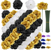 108Pcs Roses Head Flowers With Stem - Black Gold White Graduation Artificial Flowers Rose Bulk - Silk Rose Fake Flower For Birthday Wedding Baby Shower Centerpieces Gold Theme Grad Party Tables Decor