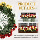 8 Pack 18'' Artificial Geranium Flowers For Outdoors 72 Bushes Fake Geraniums Silk Flowers Uv Resistant Garden Faux Plants Full Blooms Bushes For Garden Home Decor(Ruby Red, Yellow, White)