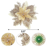 15Pcs Christmas Poinsettia Artificial Flowers Decorations, Glitter Poinsettia Christmas Tree Ornaments, Champagne Tree Flowers For Xmas/Holiday/Wreath/Garland Decor, With Cilps, 5.5 Inch