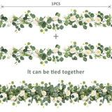 2 Pack 13Ft Artificial Eucalyptus Flower Garland With White Roses, Fake Rose Flower Greenery Garland Floral Vines For Wedding Home Party Table Runner Decor (2Pcs, White)