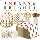 202 Pcs Christmas Party Supplies Merry Bright Banner Xmas Tree Print Paper Plates Napkins Cups Straws Knives Forks Disposable Christmas Dinnerware Set Serves 25 Guests Xmas Holiday Decorations