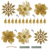 60 Pcs Poinsettia Artificial Flowers Christmas Tree Decor Clip On Set 18 Poinsettia Flowers With 12 Glitter Berry Stems 12 Pole Clips 6 Ropes Glittering Ornaments (Gold)