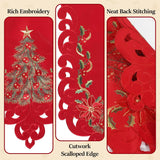 Red Christmas Table Runner - Small 54 Inches Long, Embroidered Tree & Poinsettia Cutwork Lace Linen Tablerunner For Dining Room, Kitchen, Mantel Or Coffee Table, Holiday Xmas Decor