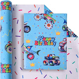 Reversible Monster Truck Birthday Wrapping Paper Roll For Boys Kids - Blue Shark Monster Truck & Colorful Confetti Design Gigt Wrap For Holiday Baby Shower Diy Craft Party - 17 In X 20 Ft(Total 28.5Sq.Ft)