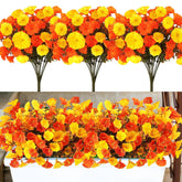 12 Bundles Outdoors Fall Artificial Flowers Autumn Thanksgiving Porch Decoration Uv Resistant Artificial Petunias Faux Flowers Plants For Outside Garden Yard Porch Patio Decor(Orange, Yellow)