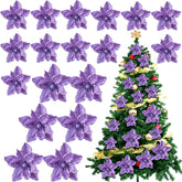 18 Pcs 12" 9.8" Large Poinsettia Flowers Artificial For Christmas Tree Glitter Poinsettias Picks With Stem Xmas Faux Silk Floral Ornaments For Santa Garland Home Decoration Party(Purple)