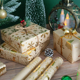 Christmas Wrapping Paper - 3 Mini Rolls, Metallic Gold Foil Kraft Wrapping Paper With Reindeer Christmas Tree Design, Brown Kraft Gift Wrap For Xmas Holiday New Year, 17 Inch X 118 Inch Per Roll