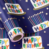 Blue Birthday Wrapping Paper Roll For Boys Men, Happy Birthday Lettering & Cake, Candle With Metallic Foil For Baby Shower Wrap, Mini Roll, 17 Inches X 16.4 Feet