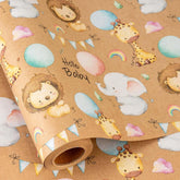 Baby Shower Kraft Wrapping Paper, 17 Inch X 32.8 Feet Cute Lion Elephant Themed Colorful Balloon Rainbow Gift Wrap With Grid Cutting Lines For Boy Girl Kid Birthday
