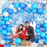 Christmas Snowflake Balloon Garland Arch Kit With Snow Backdrop Banner Pearl Blue White Metallic Silver Latex Balloons Polt Dot Snowflake Confetti Winter Xmas New Year Party Decoration Supplies