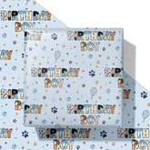 Birthday Boy Wrapping Paper For Boys Kids- Light Blue Gift Wrap With Paw Prints, Stars & Balloons, Birthday Boy For Boy'S Birthday, Baby Shower - 28X40 Inches, 4 Folded Sheets