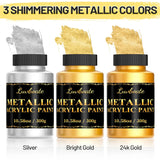 Acrylic Metallic Paint, 3 Colors 24K Gold & Bright Gold & Silver 31.75Oz(900G), Non-Toxic Golden Paint, Non Fading Metal Paint For Art Painting On Fabric, Canvas, Wood, Clay, Crafts