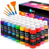 32 Colors Acrylic Paint Set, Non-Toxic Art Paints (2Fl Oz/60Ml Each) With 5 Craft Paint Brushes For Kids And Adult, Metallic Acrylic Paints For Wood Canvas Crafts Stone Ceramic Model Painting