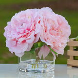 Enova Home Artificial Peony Flowers Arrangements in Cube Glass Vase with Faux Water for Home Table Wedding Centerpiece Decor (Pink)