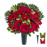 Ariticial Cemetery Headstone Flower -Outdoor Grave Decorations,Mixed Bouquet Of Artificial Silk Rose And Gerbera Daisies Christmas Red Berry For Tombstones (Vase Included)