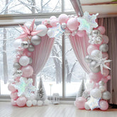 Pink And Silver Winter Balloon Garland Arch Kit 130Pcs With Snowflake Star Mylar Balloons For Girl 1St Birthday Party Pink Christmas Winter Wonderland Baby Shower Decorations