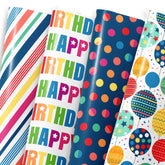 Birthday Wrapping Paper For Boys Girls Women Men,12 Sheets Gift Wrapping Paper With “Happy Birthday” Polka Dots, Balloons, Colorful Stripes - Holiday Gift Wrap 20×28 Inch