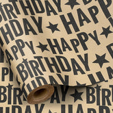 Birthday Wrapping Paper Roll, Mini Roll, Black Bold Happy Birthday Text With Star Design Kraft Gift Wrap Paper For Men, Women, Teens And Minimalist Party, 17 Inches X 16.4 Feet