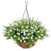 Artificial Hanging Flowers Basket For Outdoor, 16 Fake Flowers Look Real Uv Resistant, Faux Hanging Plants For Porch, Balcony, Patio, Garden, Spring Summer Decor,White