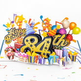 3D Pop Up Happy 84Th Birthday Card – Blue Design With Glitter Numbers, Balloons, Cakes & Gifts – Unique Bday Card For Dad, Mom, Husband, Wife, Man Or Woman – 5" X 7"