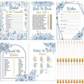 145 Pieces Bridal Shower Game Bridal Shower Favors Set Wedding Games Cards And Pencils For Bride Groom Bachelorette Party Wedding Party Favor (Blue Floral Style)