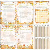 145Pcs Fall Pumpkin Baby Shower Games 5 Set Game Activity Cards With 20 Pencils For Boy Girl, Description And Wishes, Baby Price, Word Scramble Game Pumpkin Decor