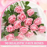 90 Pcs Pink Velvet Rose Artificial Flowers With Long Stems, Fake Silk Roses Real Touch Fake Roses Florals For Birthday Wedding Bouquet Party Arrangement Decorations