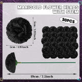 30 Pcs Marigold Flower Heads Bulk, Mexican Black Artificial Marigold Flowers For Day Of The Dead Decorations Diy Wreath Garland Craft Indian Diwali Dia De Los Muertos Halloween Home Decor