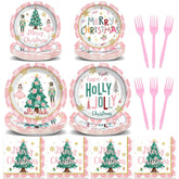 96Pcs Christmas Nutcrackers Party Supplies Pink Nutcrackers Paper Plates And Napkins Christmas Tableware Set Xmas Tree Snowflake Plates For Winter Holiday Seasonal Party Decorations Serve 24