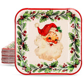 Christmas Paper Square Plates 40 Pieces Vintage Santa Claus Xmas Wreath Party Disposable Tableware Holiday Supplies For Home Kitchen Table Decor, 9 Inch