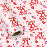 Happy 21St Birthday Wrapping Paper Roll, Strawberry & Pink Gingham Gift Wrap For Woman’S Twenty-First Age21 Birthday Party, Gifts & Celebrations, Mini Roll 17 In X 16.4 Ft