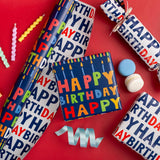 Reversible Birthday Wrapping Paper Roll - 17 Inch X 33 Ft(46.8 Sq.Ft.Ttl) - Creative Colorful Happy Birthday Lettering & Candle Navy Blue Gift Wrap For Party, Baby Shower & Holiday