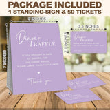 Baby Shower Diaper Raffle Game Set, Calligraphy Purple Theme, 1 Standing Sign & 50 Raffle Tickets, Baby Shower Game Kit, Gender Reveal Party Supplies - A18
