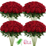 50Pcs Artificial Roses In Bulk Fake Silk Roses With Stem Realistic Red Roses For Home Wedding Centerpieces Party Decorations (50, Red)